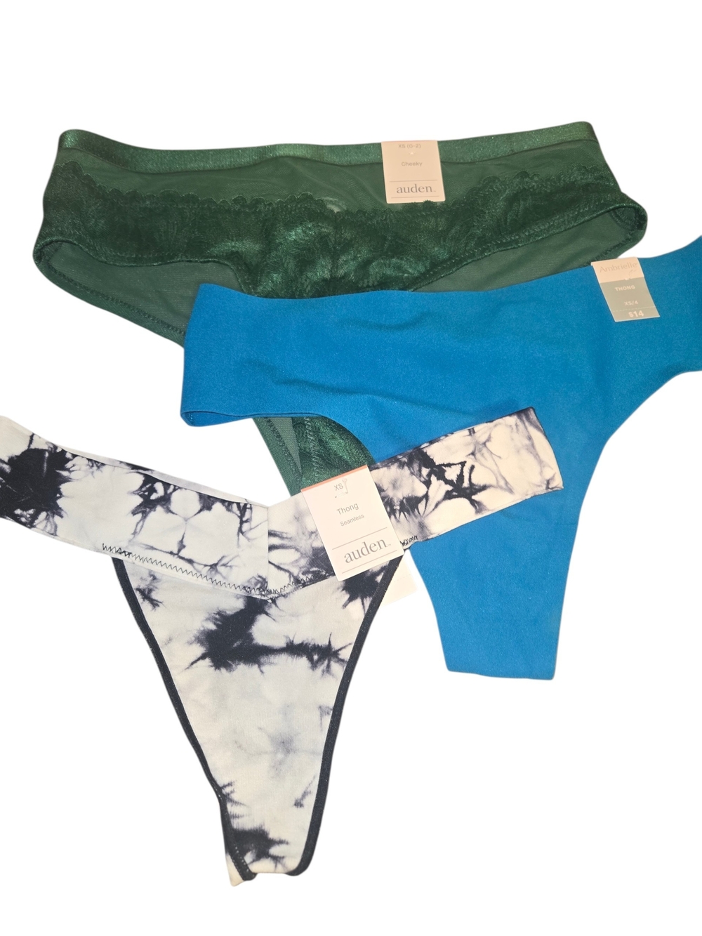 Nwt Auden, Ambrielle Green, Blue,Black-White Tie-Dye 2 Thongs, 1 Cheeky, XS